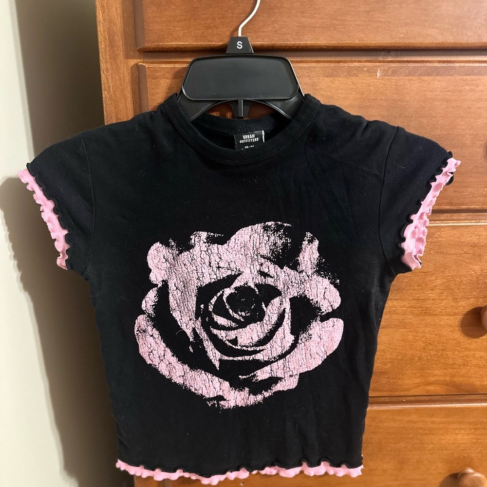Urban Outfitters Black Crop Top with Pink Rose